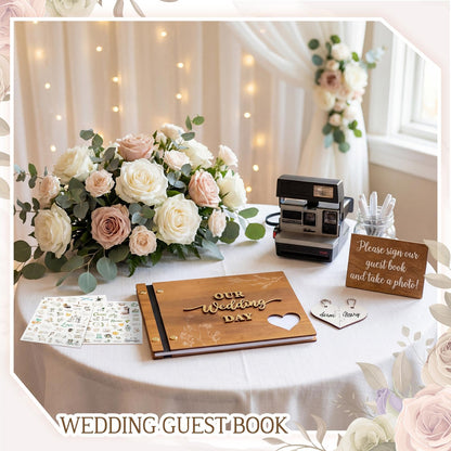 Resurhang Rustic Wooden Wedding Guest Book Memory Book for Wedding Wooden Cover Photo Scrapbook Rustic Keepsake Guestbook with Stickers for Reception Anniversary Bridal Shower Engagement Supplies