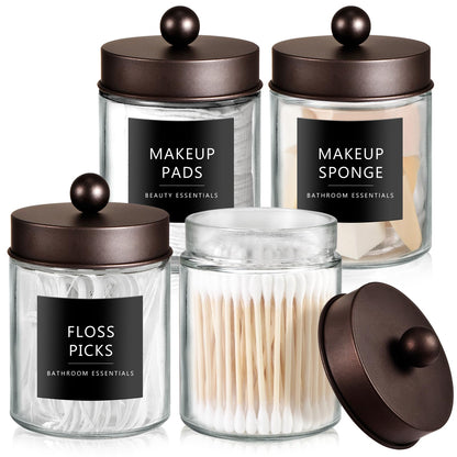 SheeChung Qtip Dispenser Holder 4pcs, Glass Apothecary Jars with Bronze Stainless Steel Lids &Stickers, Countertop Canister Guest Bathroom Storage Organizer Set for Cotton Swabs/Balls, Floss Picks