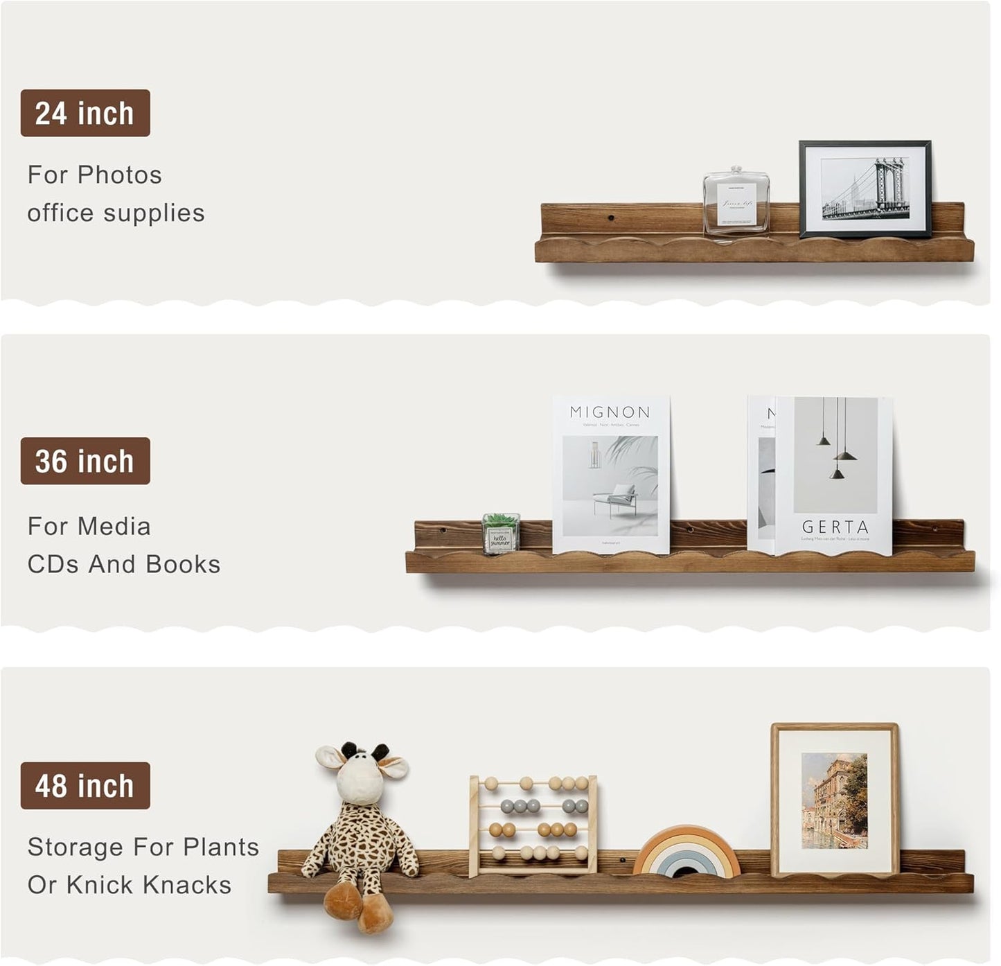 24 inch Set 2- Fun Memories Picture Ledge Shelf for Wall, Pine Wood Nursery Book Shelves of Wall Book Shelves for Kids