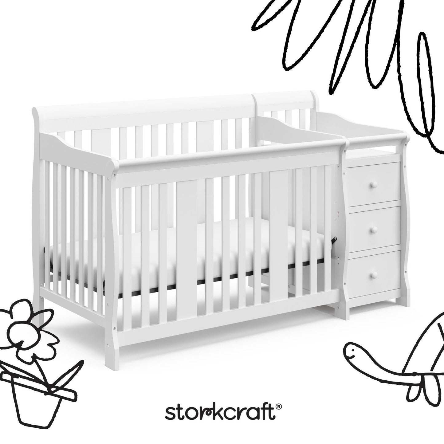 Storkcraft Portofino 5-in-1 Convertible Crib and Changer – Crib and Changing Table Combo with Drawer, Converts to Toddler Bed, Daybed and Full-Size Bed, Storage Drawer (White)