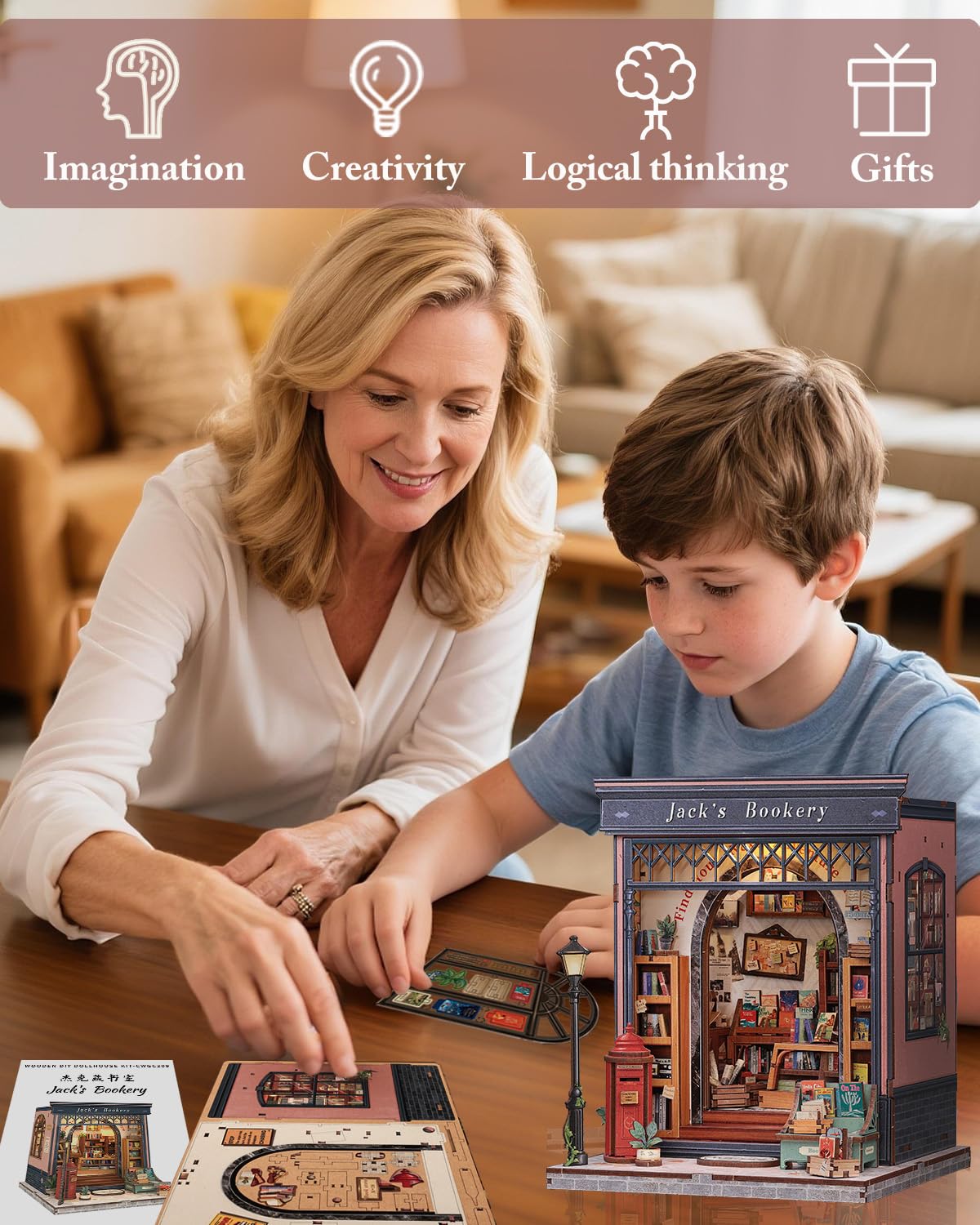 Cutefun Book Nook Kit - DIY Miniature Dollhouse Library Kit for Adults and Teens, Tiny House Building Bookshelf Insert Decor with LED Light, Gifts for Family and Friends (Jack's Bookery)