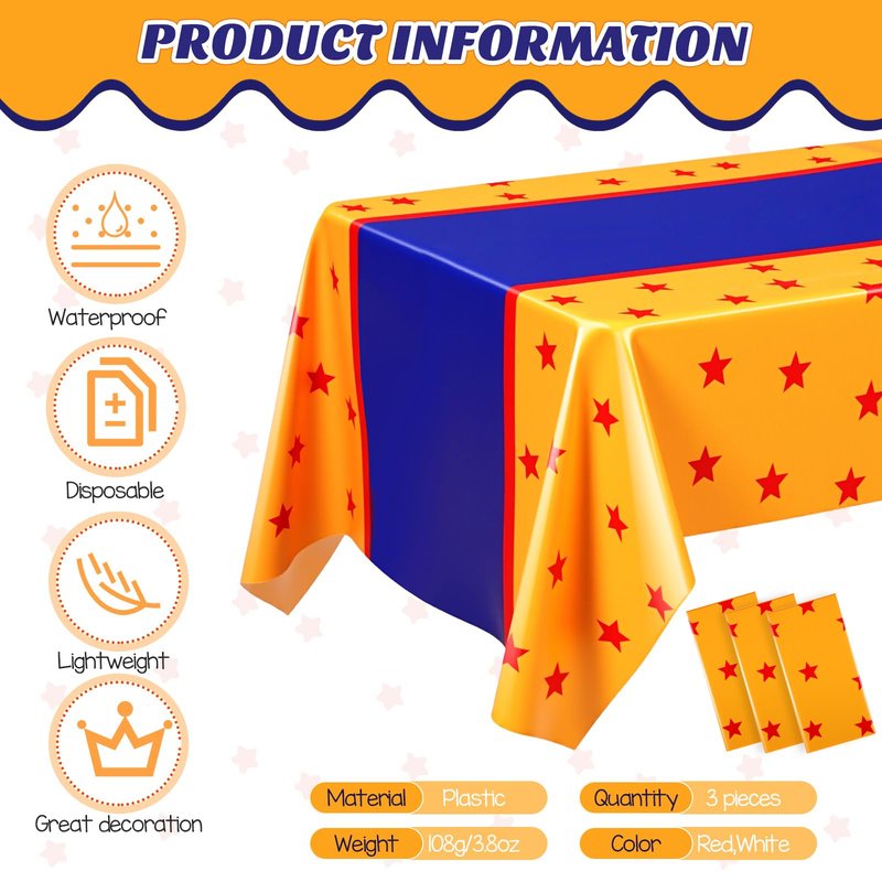 Oudain 3 Pcs Anime Theme Tablecloth 108 x 54 Inches Cartoon Table Covers Yellow Blue and Red Stars Print Table Cloth for Birthday Party Decoration