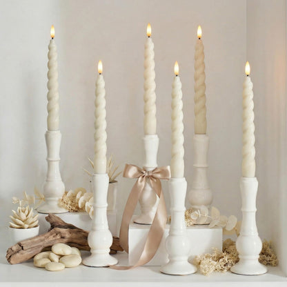 West Ivory Full Twisted Spiral Flameless LED Taper Candles – Ivory, Set of 6 – 2/4/6/8-Hr Timer (24-Hr Memory), Remote, Dimmable, Bottom On/Off Button, Flicker/Steady, Battery Operated