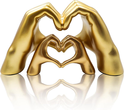 Oooct 2 Pack Gold Heart Hands Sculpture Decor, Resin Golden Modern Abstract Love Finger Statue, Gold Hand Model