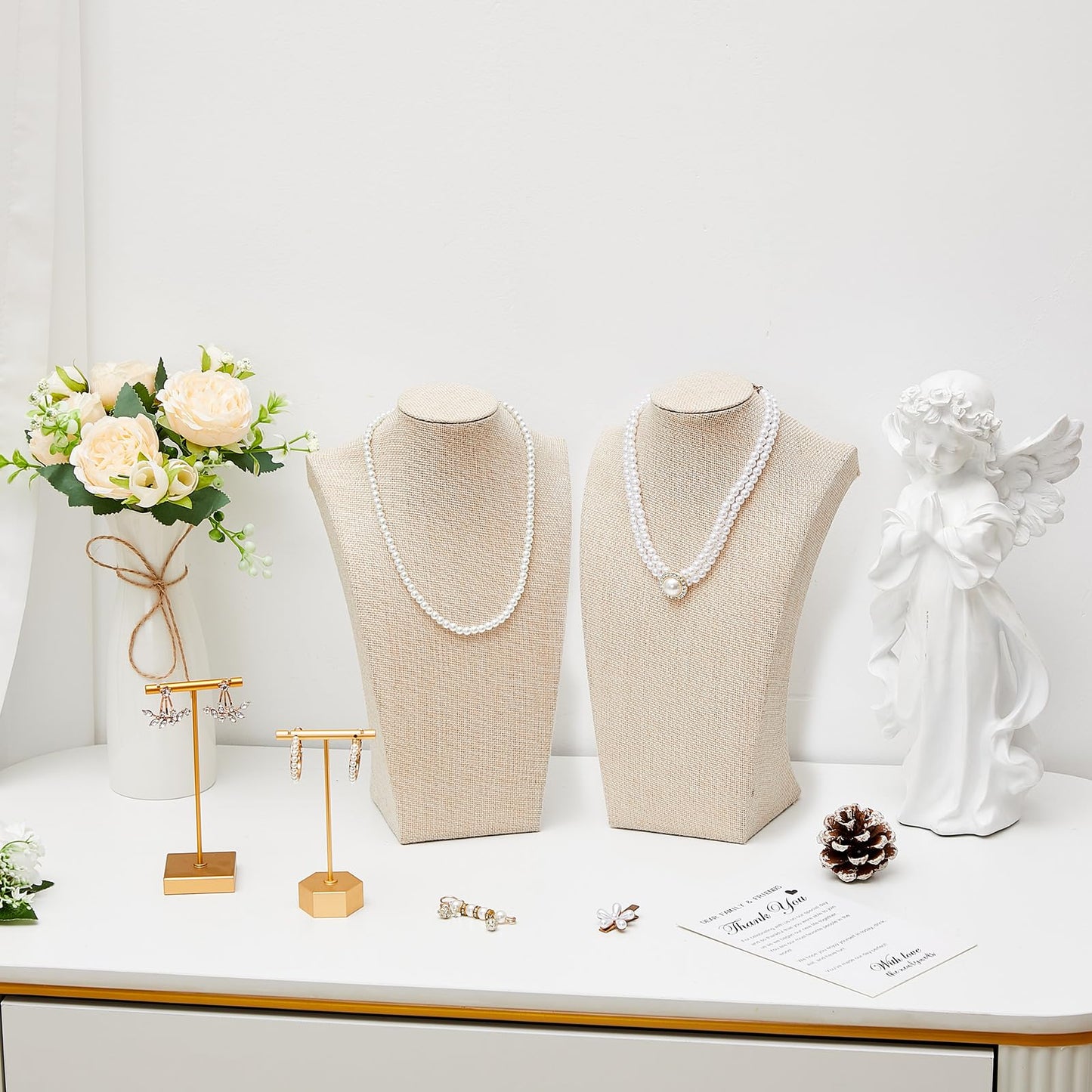 Kigley 3 Pcs Linen Jewelry Display Bust Necklace Display Stand Necklace Mannequin Holder for Jewelry Selling Trade Shows(Beige,11.42 x 6.89 Inch)