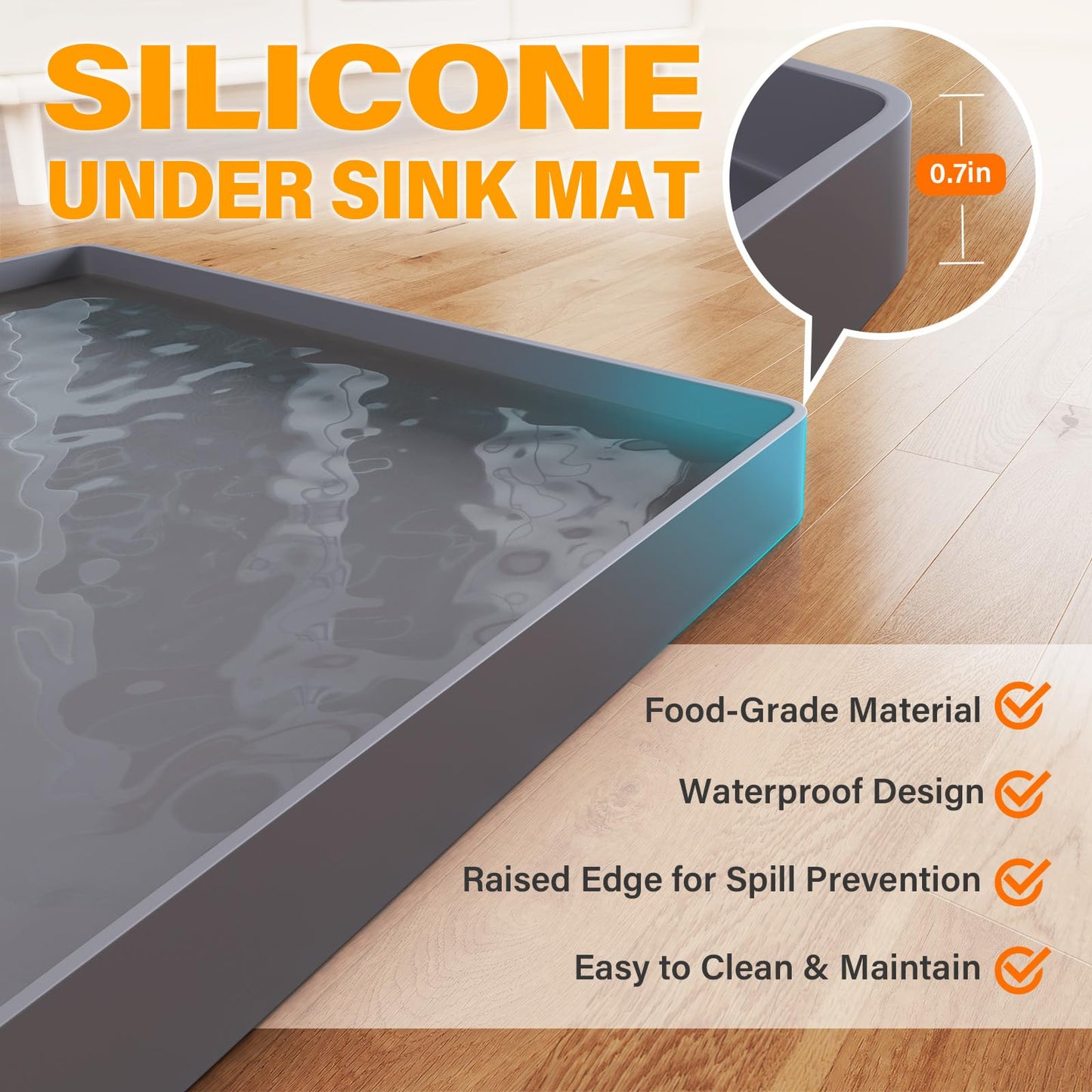 FLATO Waterproof Under Sink Mat 34" x 22" Shelf Liner for Kitchen and Bathroom, Cabinet Protector, Organizers and Storage, Flexible Silicone Drip Tray