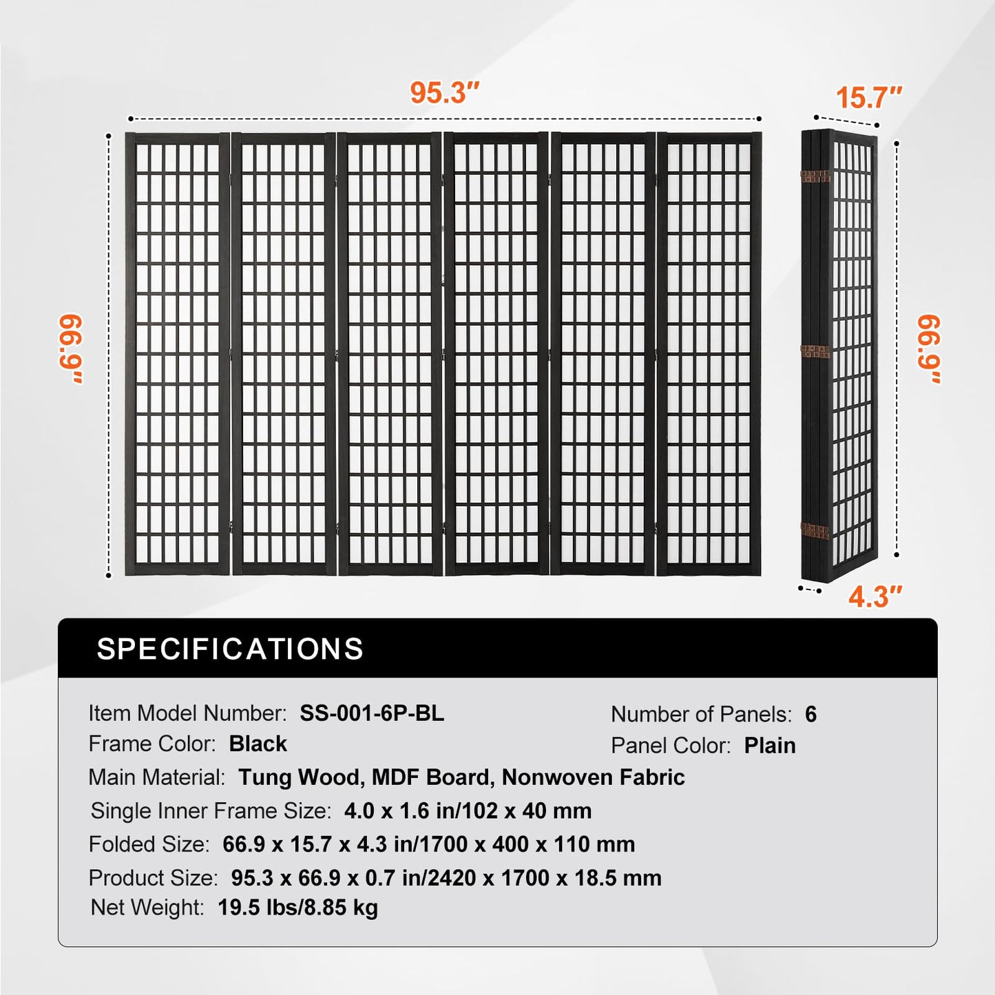 Amacv Room Divider, 6 Panel Japanese Room Divider, Folding Privacy Screen Indoor, Portable Partition Dividers and Decoration Screens, for Room Separation, Home, Office, Restaurant & Bedroom (Black)