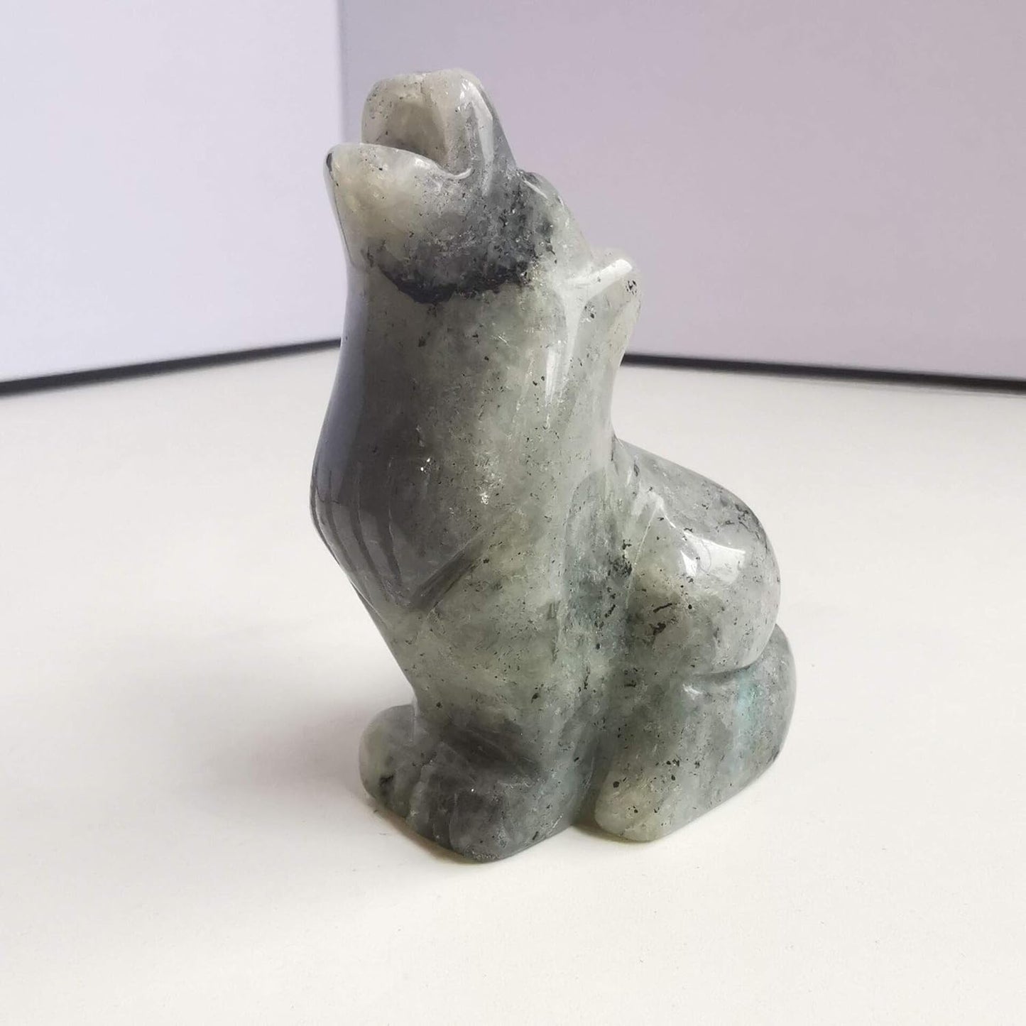 Natural Moonstone Wolf Crystal Figurine - Hand Carved Stone Animal Statue for Home Decor, 2.5 Inches