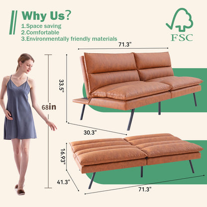 Vyfipt Futon Sofa Bed/Couch,3” Memory Foam Small Splitback Sofa,Faux Leather Modern Loveseat for Living Room,Apartment,Studio,Guest Room,Home Office,71" L (Brown)