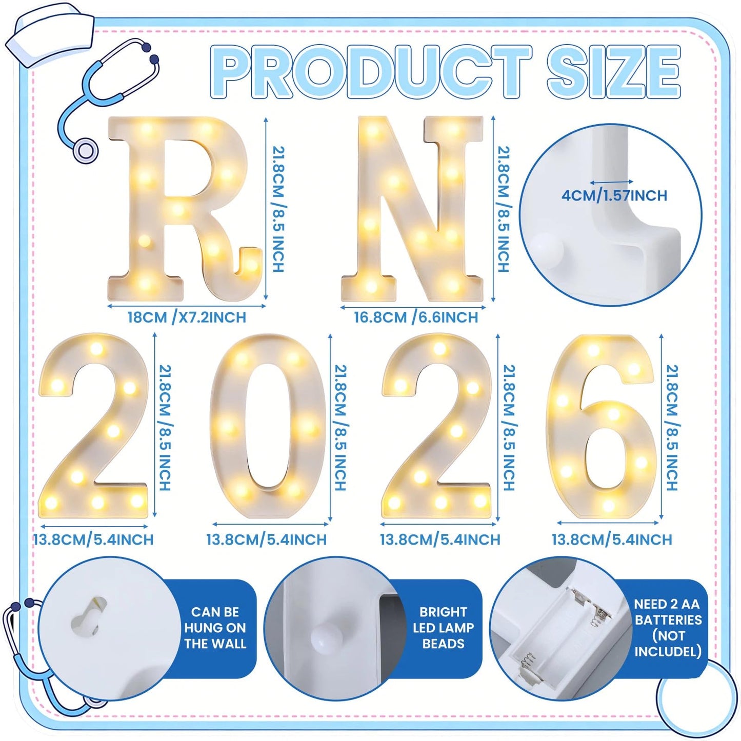 Ganeen 6 Pcs RN 2026 LED Letter Lights Rn Graduation Marquee Light Letters Table Sign Lights up 3D Plastic Letters for Congrats Grad Nursing School Survivor Graduation Party Decorations Supplies