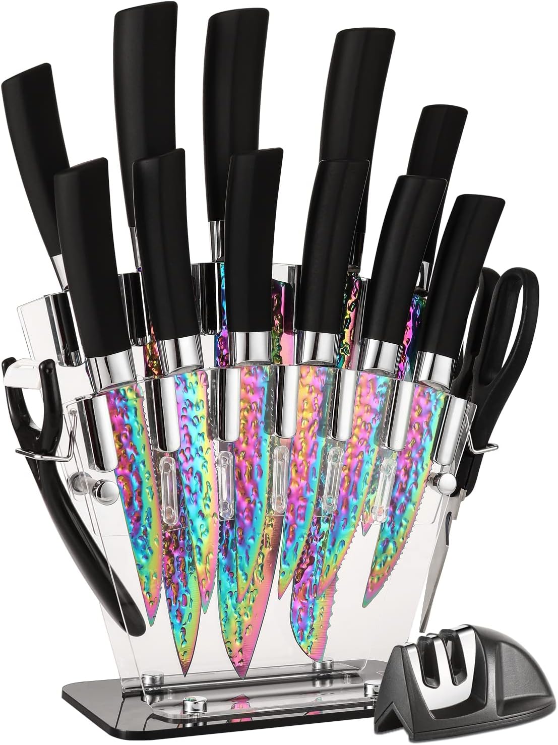 Rainbow Titanium Knife Set, Sharp Stainless Steel Knives with Acrylic Block, 6 Steak Knives, Chef Quality