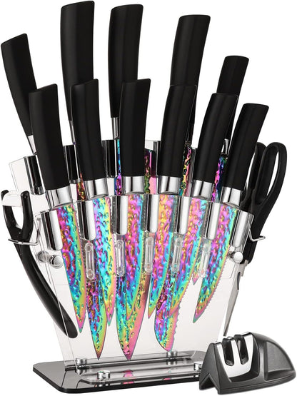 Rainbow Titanium Knife Set, Sharp Stainless Steel Knives with Acrylic Block, 6 Steak Knives, Chef Quality