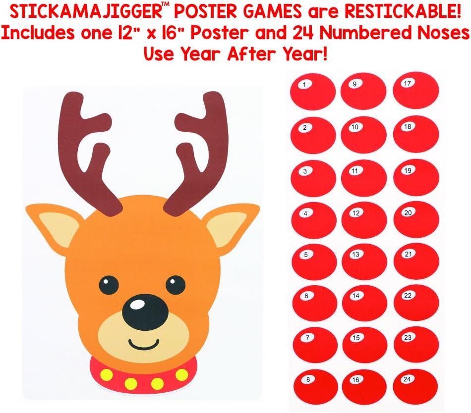 Stickamajigger Stick the Red Nose on the Reindeer Poster Game - Restickable & Reusable