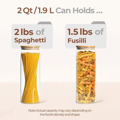 ComSaf Glass Pasta Storage Container Set - 2 Qt Tall Airtight Jars with Wood Lids for Kitchen Pantry