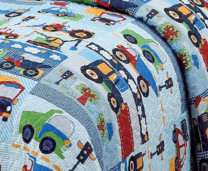 MK Collection Bedspread Set Kids Teens Vehicles Construction Blue Red Green White Yellow Bedspread Set New (Twin)