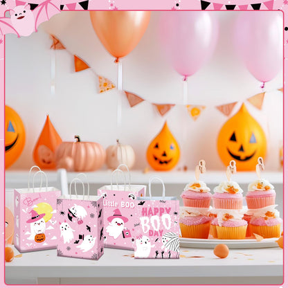 Zhanmai 24 Pcs Pink Ghost Halloween Party Favors Gifts Goodies Bags with Handles Halloween Paper Boo Bags for Candy Treat Snack Gifts Wrapping Birthday Party Supplies Decoration