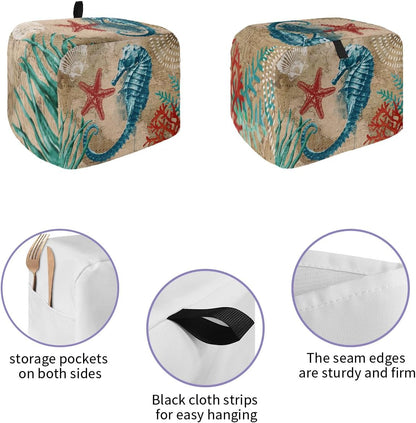 Nautical Theme Toaster Dust Cover with Pockets, Blue Seahorse and Seaweed Soft Washable Cover for 4 Slice Toaster