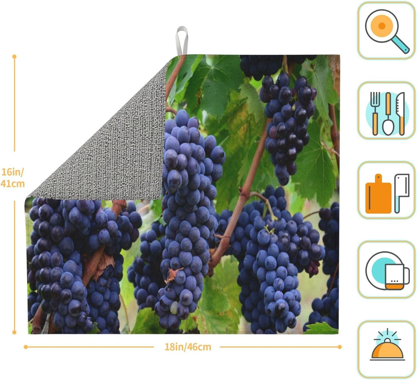 Fruit Purple Grapes Photo Absorbent Dish Drying Mats for Kitchen, Reversible Dish Pad Drainer Countertop Mats 18 x 16 In