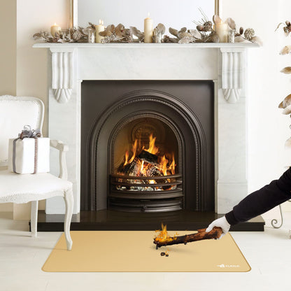 FLASLD Large Under The Grill Protective Deck and Patio Mat, 32 x 60 inches Oil-Proof, Fireproof Indoor Fireplace Mat Prevents Ember Damage Wood Floor, Khaki