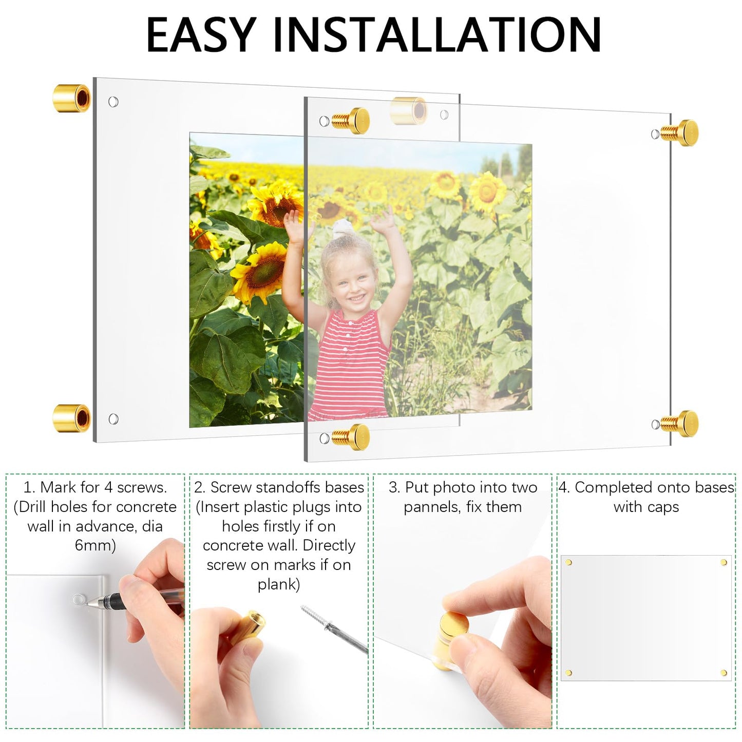 Sintuff 8 Pack Acrylic Floating Picture Frame Wall Mount Frameless Photo Frames Double Panel Clear for Office Home Photography Display (for 8" X 10" Picture,Full Frame 9.2" X 11.4",Gold)