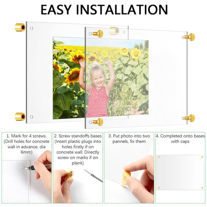 Sintuff 8 Pack Acrylic Floating Picture Frame Wall Mount Frameless Photo Frames Double Panel Clear for Office Home Photography Display (for 8" X 10" Picture,Full Frame 9.2" X 11.4",Gold)