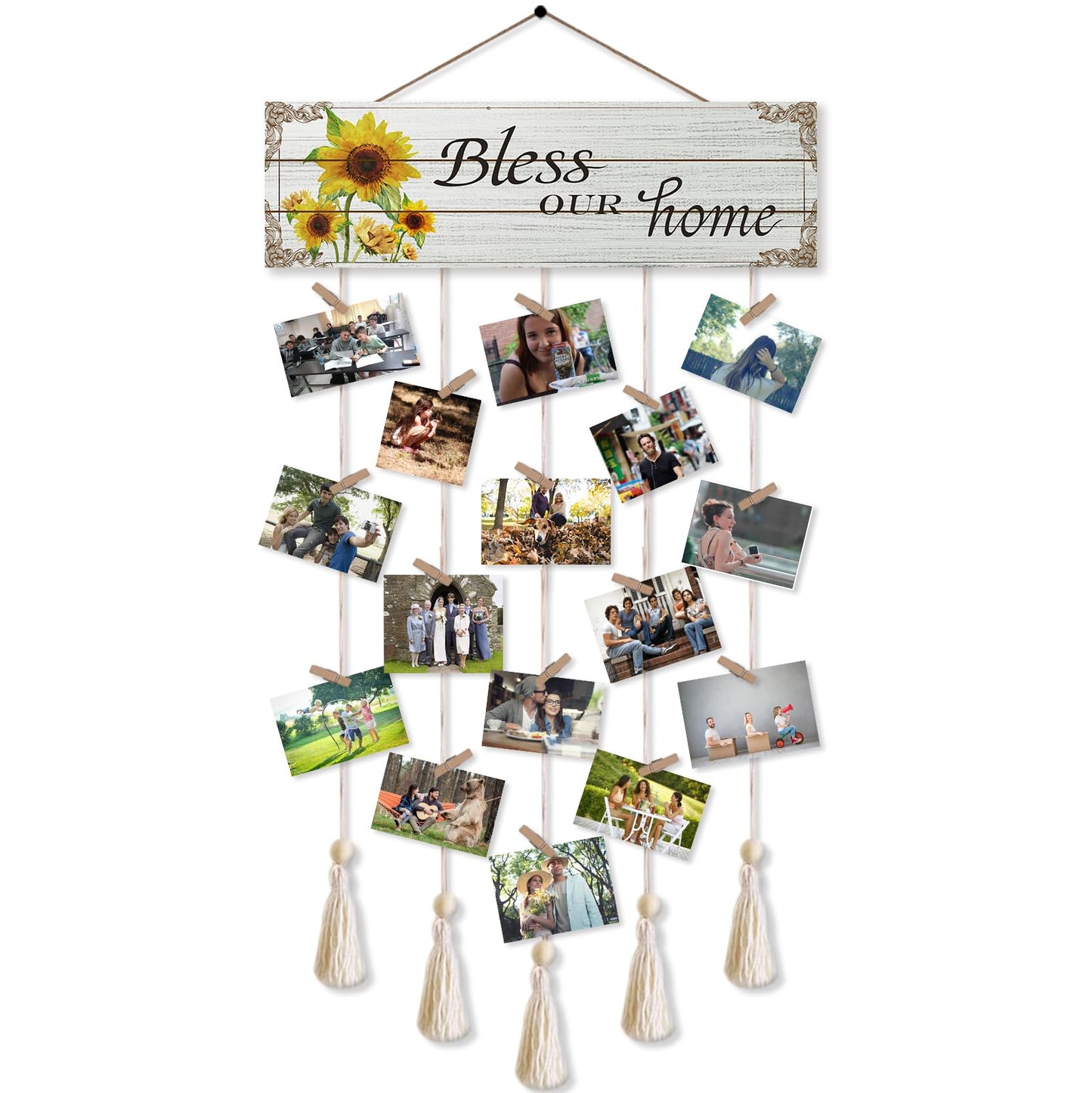Gwisml Home Collage Picture Frames,Clip Photo Holders for Wall,Wooden Hanging Photo Display with 16 Clips 5 Strings,Bless Our Home Sign Wall Decor