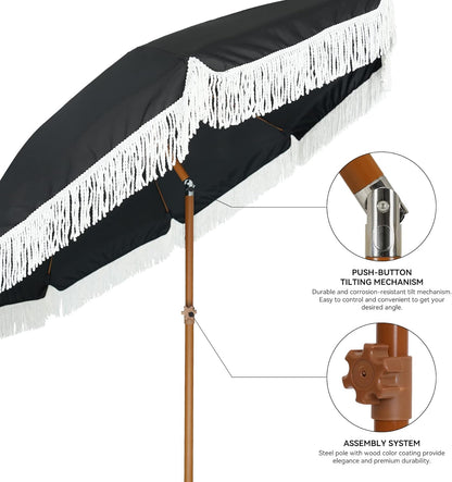 AMMSUN 7ft Patio Umbrella - Stylish Fringe Design with UPF50+ Protection & Steel Pole | Black