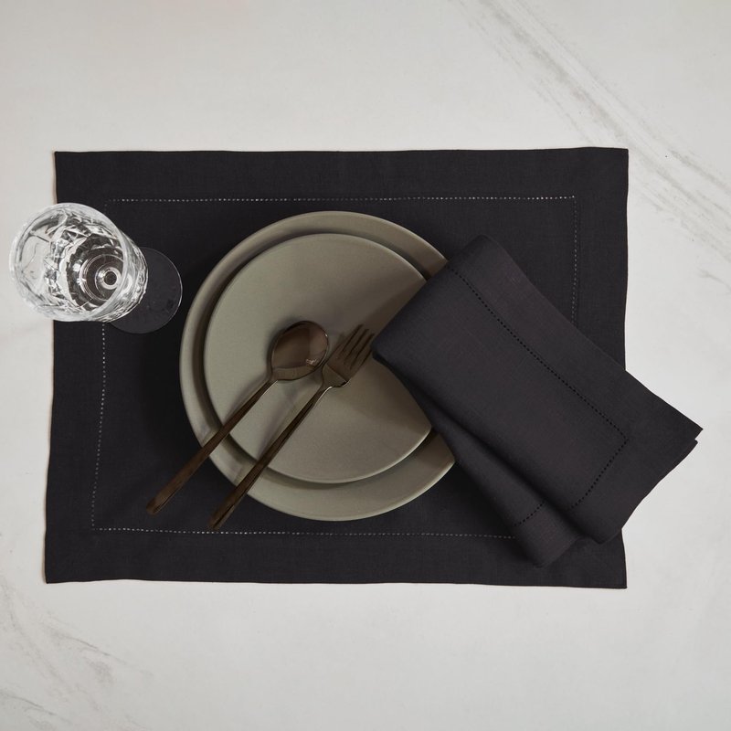 Solino Home Linen Cloth Placemats Set of 6-100% Pure Linen Hemstitch Black Placemats 14 x 19 Inch - Sonoma Hemstitch Table Place Mats for Mothers Day
