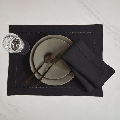 Solino Home Linen Cloth Placemats Set of 6-100% Pure Linen Hemstitch Black Placemats 14 x 19 Inch - Sonoma Hemstitch Table Place Mats for Mothers Day