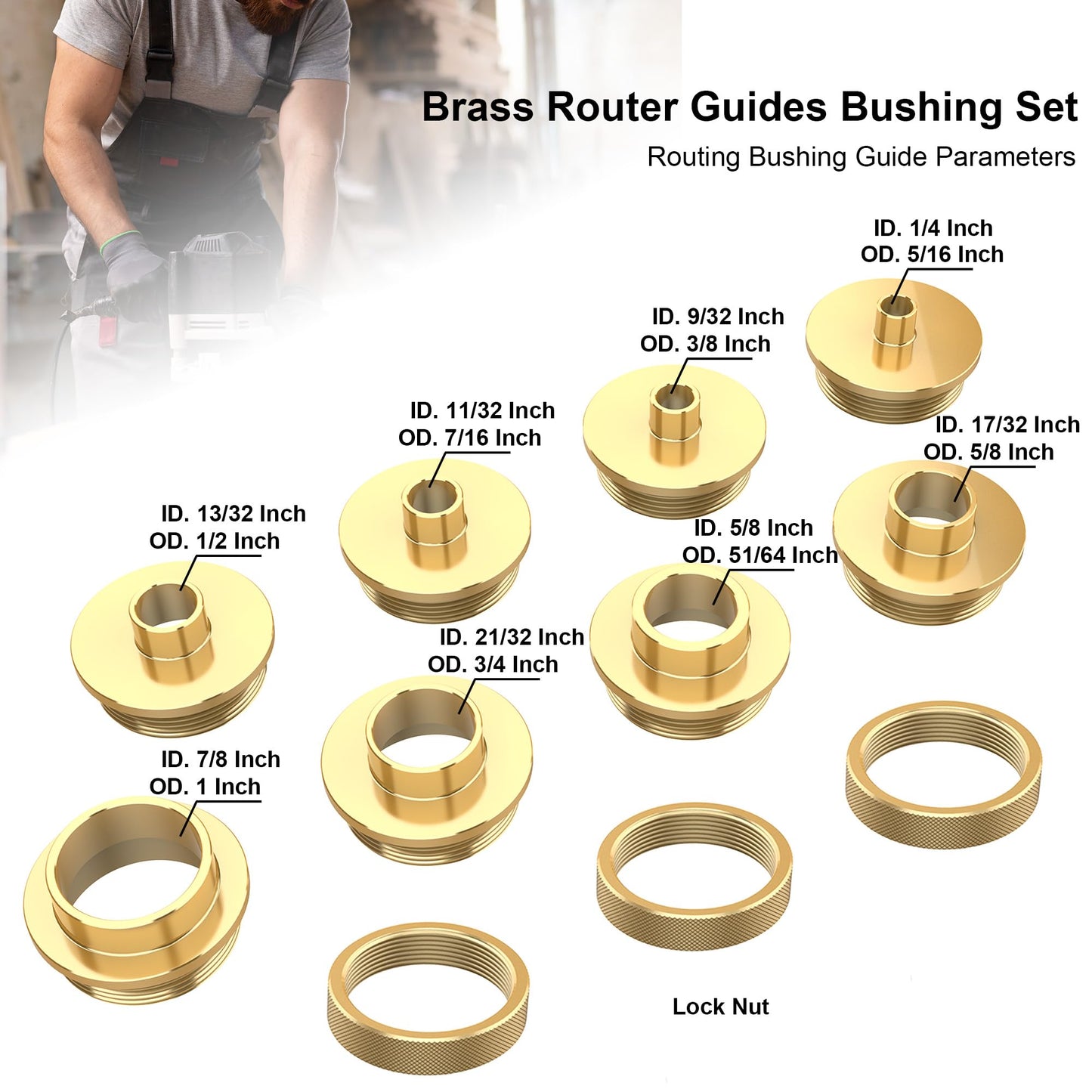 inBovoga 11 Pcs Precision Brass Router Template Bushing Guides Sets and 1/4" Shank Woodworking Router with Carrying Case, Fits Porter Cable Style Router Sub Bases
