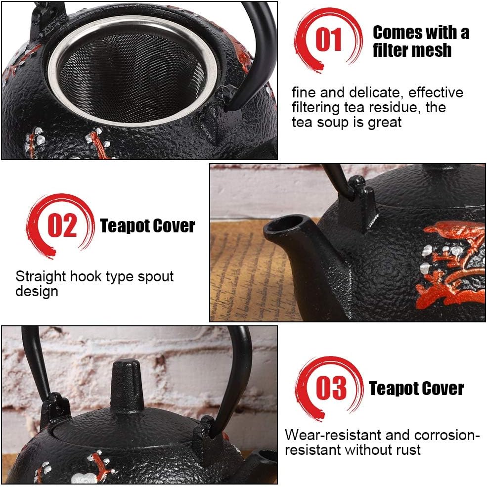 Teapot Stovetop Tea Kettle with Infuser, Uncoated Japanese Cast Iron, Black, 10 oz