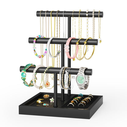 SZQINJI Bracelet Holder Display Organizer Stand, Necklace Holder Jewelry Holder Stand, Solid Wood Base with 3 Tier Metal T-bar for Bracelet Necklace Scrunchie Wristband Bangle Watch Ring, Black