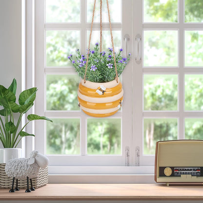 Chonsun Hanging Ceramic Planter 5 Inch Cute Bee Plant Pots Indoor Outdoor Yellow Planter Flower Pot Succulent Plant Pot Ceramic Mid-Century