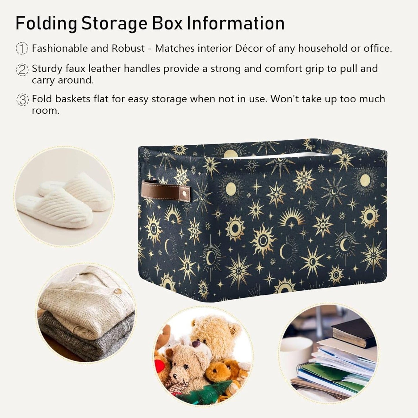 Foldable Canvas Storage Basket with Handles, Sun Moon Star Design, Durable Organizer for Nursery Kids Shelves