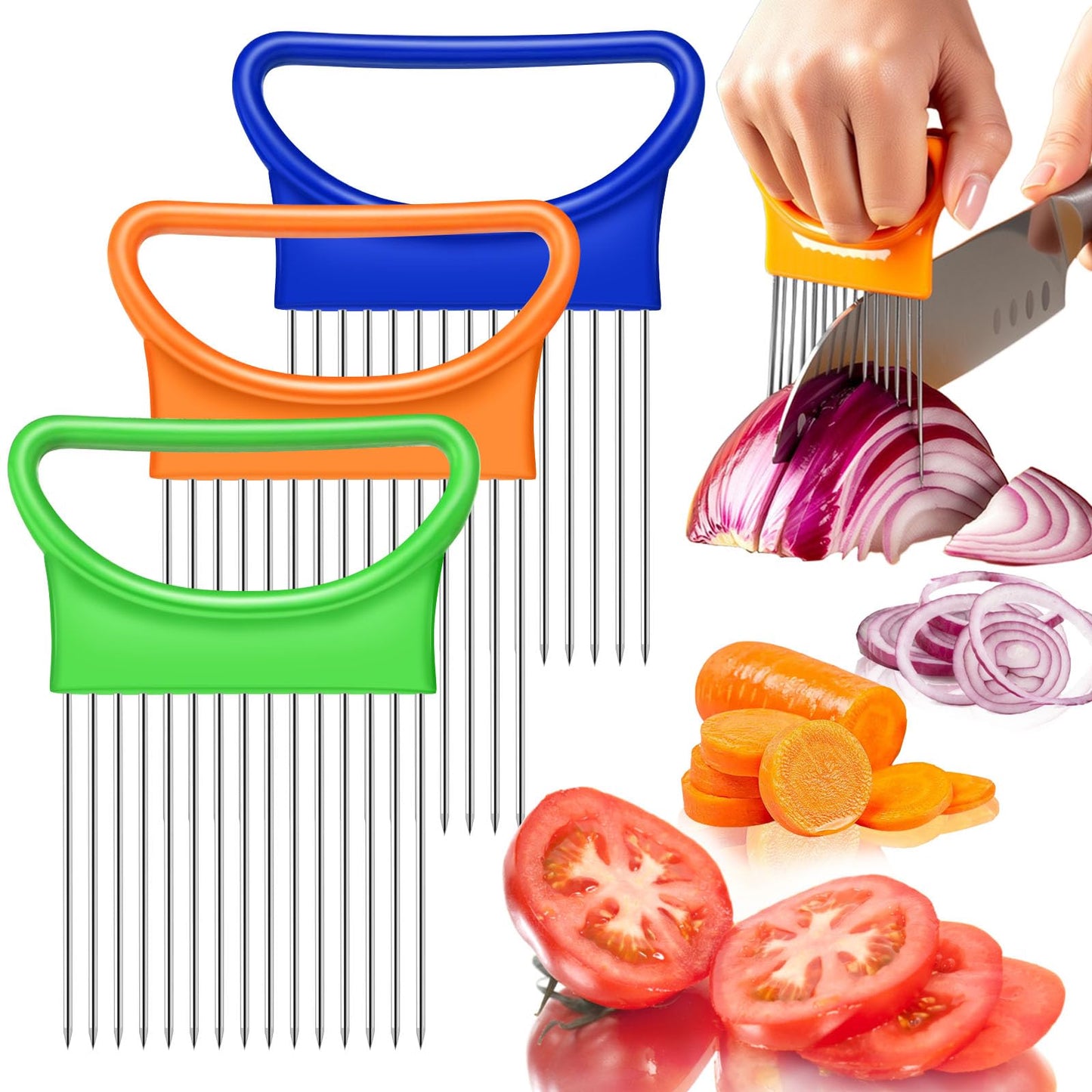 FANTEXY 3Pieces Onion Holder for Slicing, Stainless Steel Onion Cutter for Slicing, Potato Lemon Slicer Tomato Slicers Kitchen Comb for Vegetables, Fruit and Meat