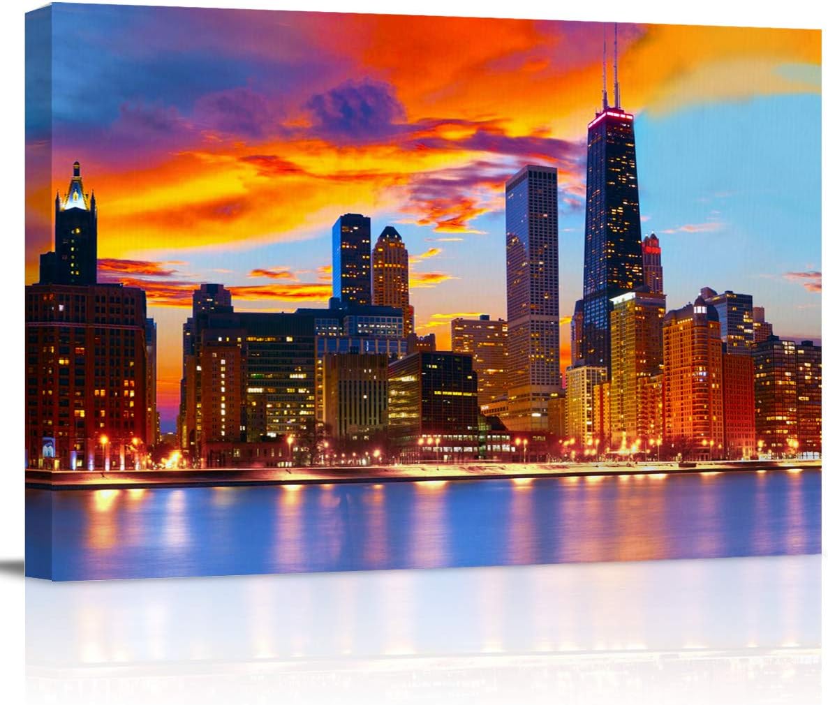 Canvas Wall Art - Chicago Skyline at Dusk, Modern Gallery Decor, Stretched and Framed 12" x 16"
