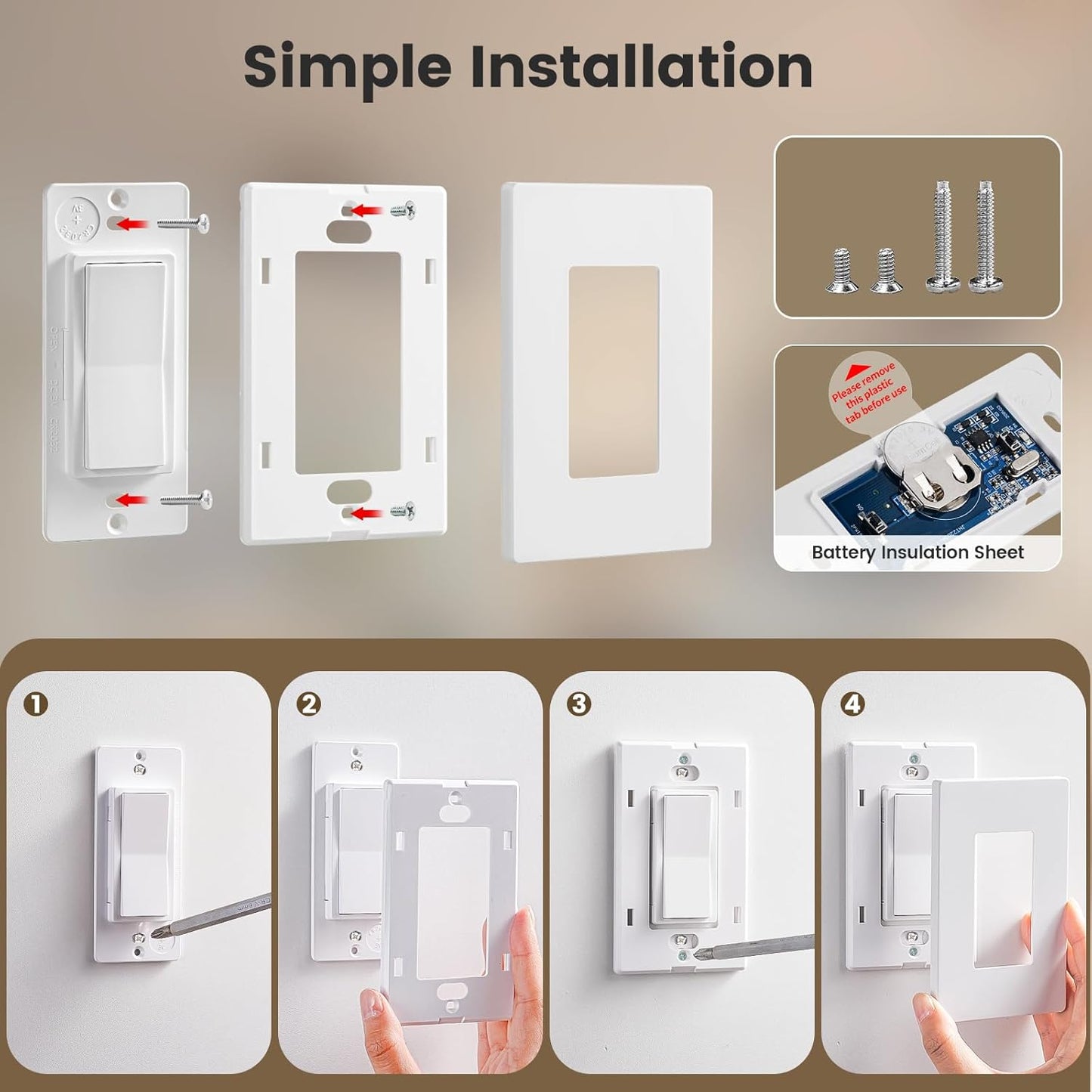 SURAIELEC 3 Way Wireless Light Switch and Receiver Kit, Decorator Rocker Wall Switch, 15 AMP, 100FT, No Wiring No WiFi, Remote Control for Lighting, Neutral Wire Required (Upgrade Antenna Model)