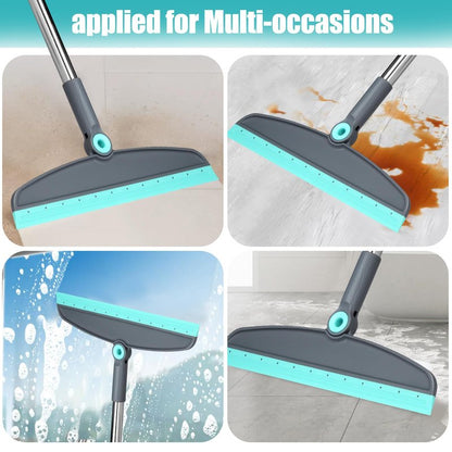 Michao Upgrade Broom and Dustpan Set, Silicone Broom,Long Handle Broom with Upright Standing Dustpan, Squeegee - Broom for Indoor Cleaning 2+1,for Indoor Outdoor,Smooth Floors, Rugs (Green-Grey)