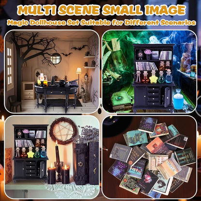 Celltestria 56 Pcs Halloween Miniatures Decorations 1:12 Scale Magic House Accessories Mini Wooden Bookshelf Furniture Set Tiny Sorcery Bottles Books Desk Chair Witch Hat Dollhouse Decor