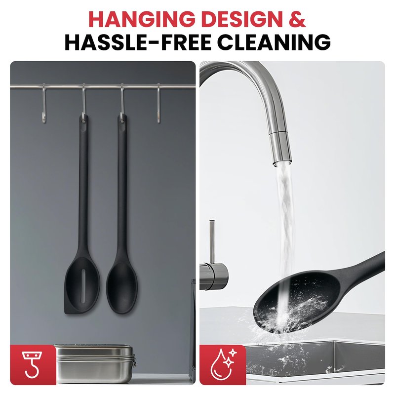 Silicone Spoons for Cooking, 600°F Heat Resistant Cooking Spoon with Solid & Slotted Spoon for Mixing, Serving, Stirring, Scraping, BPA Free Silicone Kitchen Utensil Set, Dishwasher Safe (2Pcs, Black)