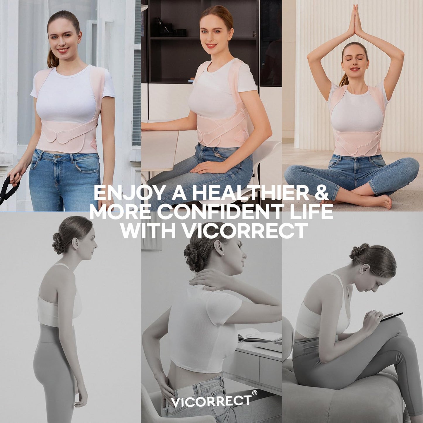 Vicorrect Posture Corrector for Women and Men: Back Support Brace Upper Back Shoulders Pain Relif (Pink, Large)