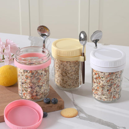 6 Pack Spoons,16 Oz (3 novelinks Overnight Oats Containers with Lids and Mason Jars, Leak Proof Overnight Oats Jars