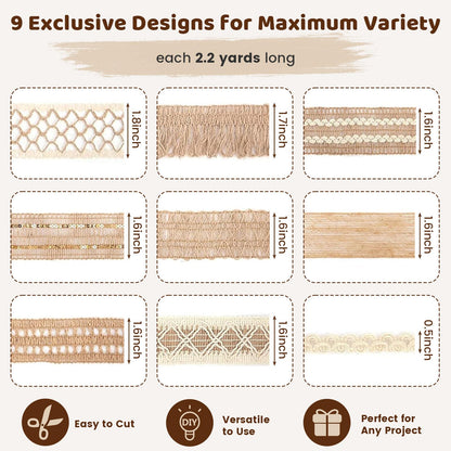 VGOODALL 9 Rolls Jute Ribbons,Lace Craft Ribbon Burlap 18 Meters for Crafts Wraping Gifts Party Holiday and Rustic Wedding Decorations