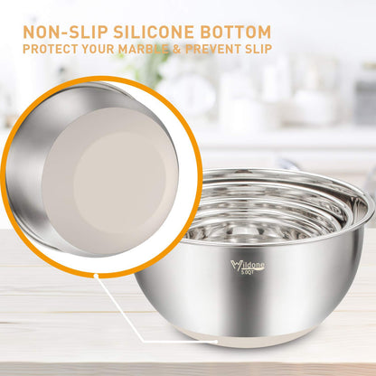Wildone Mixing Bowls with Airtight Lids Set, 5PCS Stainless Steel Khaki Nesting Bowls for Kitchen, with Grater Attachments & Non-Slip Bottoms, Size 5, 3, 2, 1.5, 0.63 QT, Great for Mixing & Serving