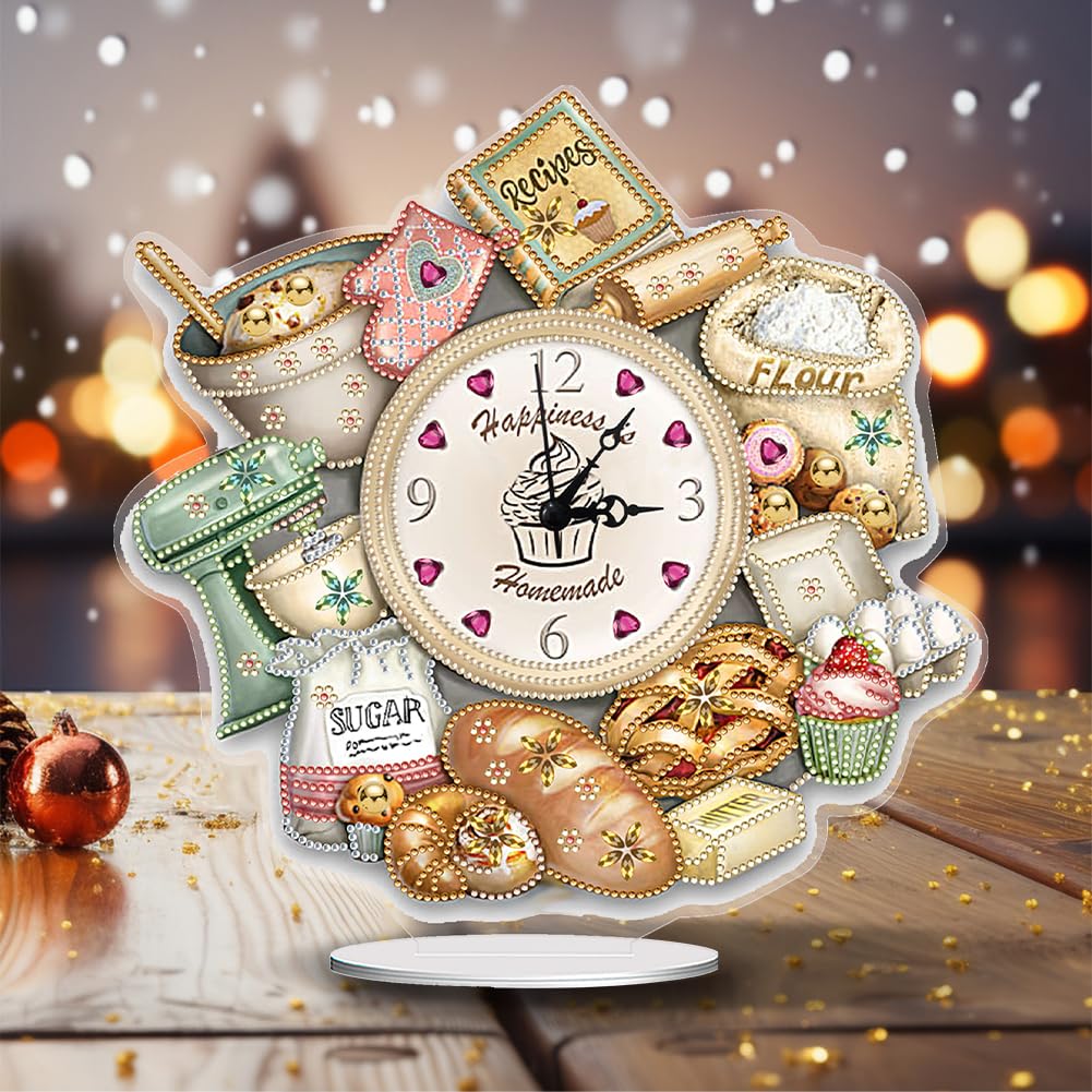DIY 5D Diamond Art Table Clock - Special Shaped Crystal Rhinestone Bread Food Design Desktop Clock Kit for Home Office Decor, Handmade Arts and Crafts Gift for Adults Beginner