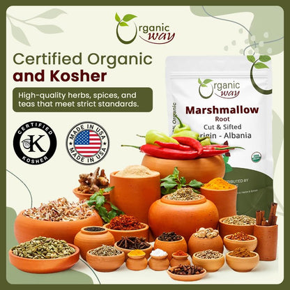 Organic Way Marshmallow Root | Herbal Tea (Althaea officinalis) Cut & Sifted - European Wild-Harvest | Organic & Kosher Certified | Non GMO & USDA Certified | Origin - Albania (1/4LBS / 4Oz)