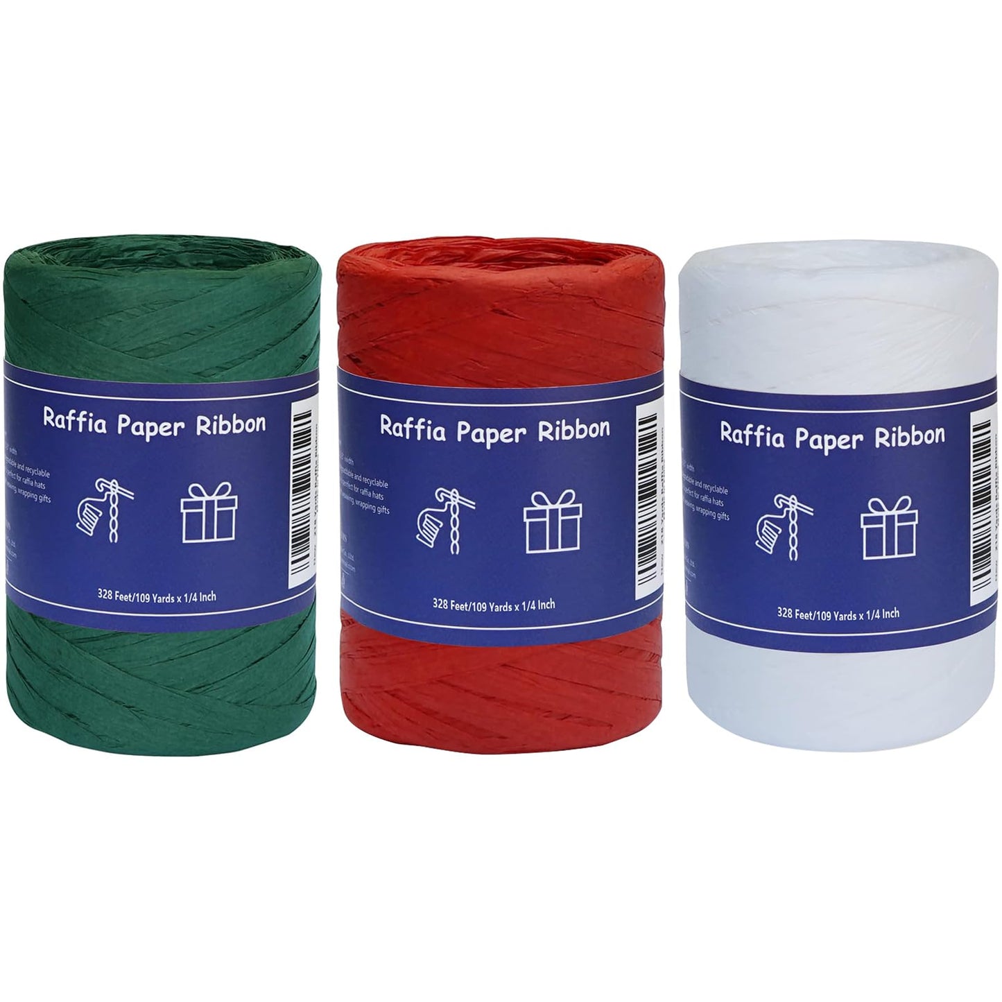 HAMUIERS Raffia Ribbon for Gift Wrapping, 3 Rolls Christmas Ribbon for Craft, Packing Paper Twine Ribbon - Red Green White, 1/4'' Wide, 327 Yards