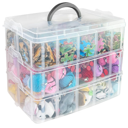 Guyuyii 3-Tier Stackable Bead Organizer with Adjustable Dividers - 30 Compartments Plastic Storage Box for Washi Tape, Lego Pieces, Rock Collection & Sewing Threads - Portable Craft Case with Handle