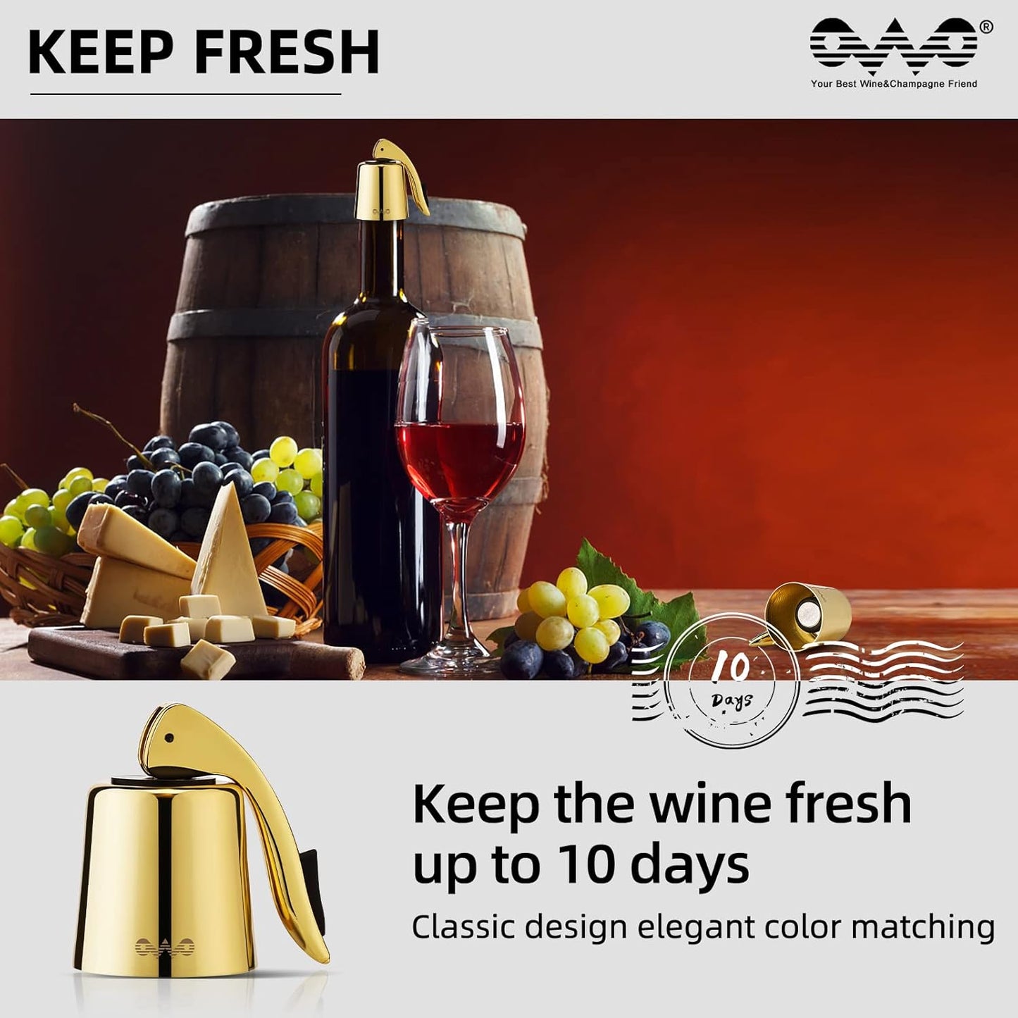 OWO Wine Bottle Stopper - Silicone Stainless Steel Decorative Preserver, Reusable Wine Corks to Keep Wine Fresh