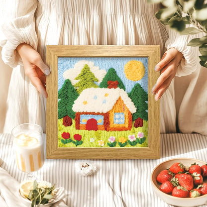 BEUNITONE Forest House Punch Needle Kit for Adults Beginners, Complete Craft Kit with Needle, Frame, Yarn & Pattern, Create Wall Hanging, Christmas Wall Art Making 9.4 x 9.4“